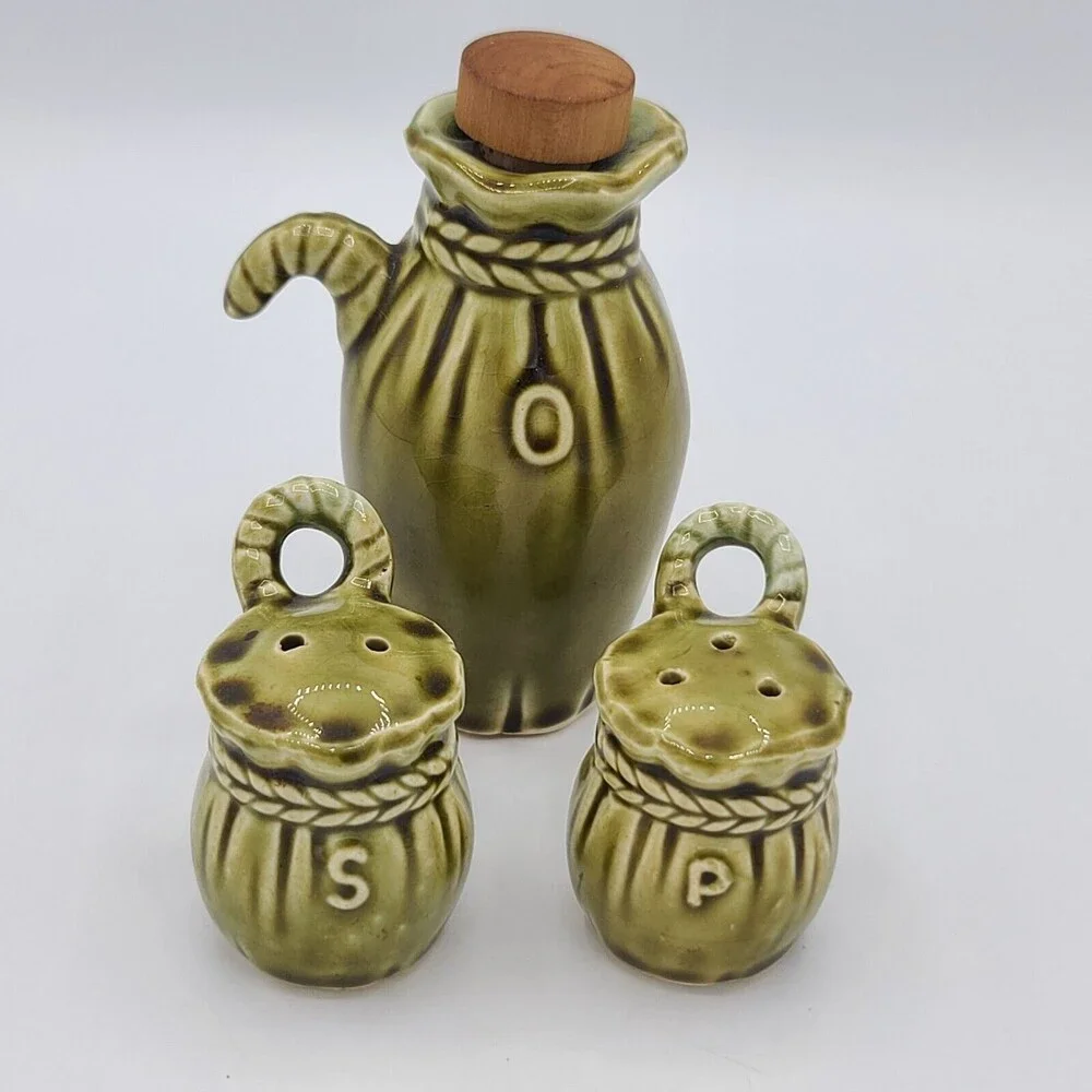 Vintage Ceramic Pack Donkey Salt Pepper Oil Green Japan Replacement Pieces